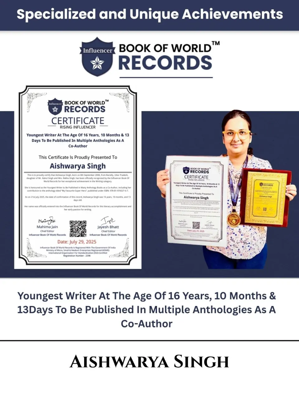 Aishwarya Singh — Youngest Writer At The Age Of 16 Years, 10 Months & 13 Days To Be Published In Multiple Anthologies As A  Co-Author