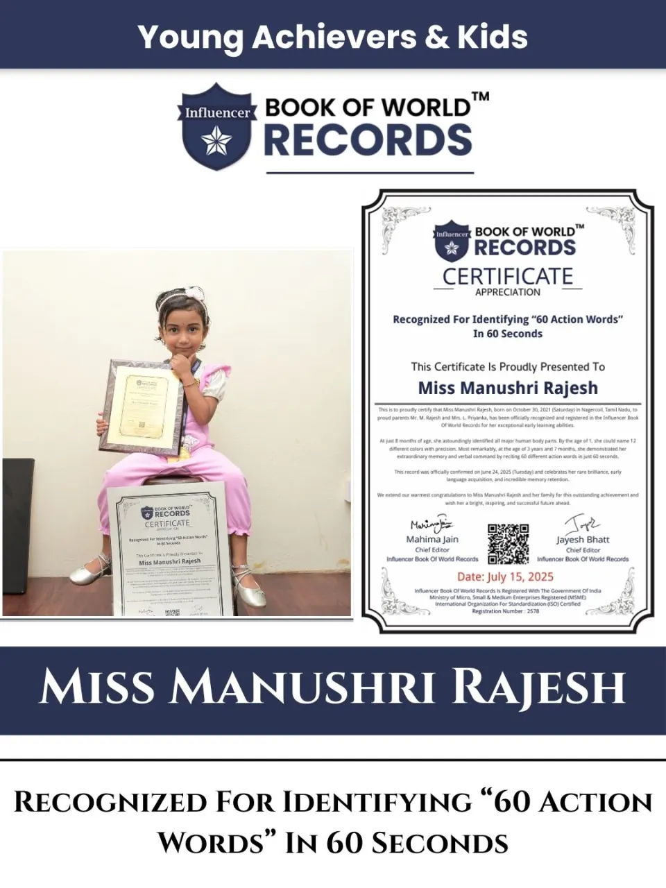Miss Manushri Rajesh — Recognized For Identifying “60 Action Words”  In 60 Seconds