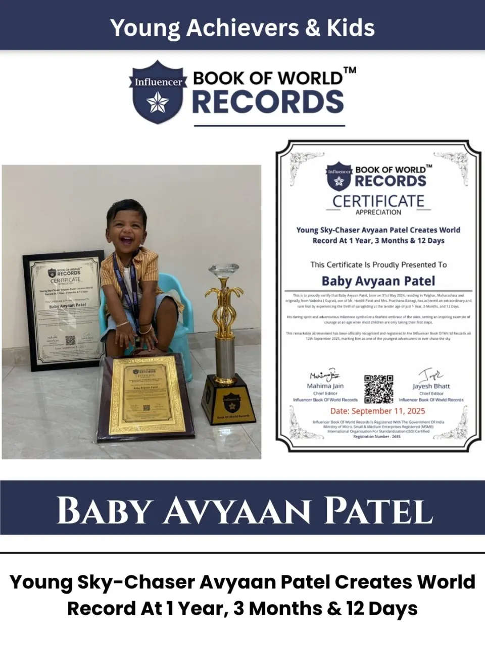 Baby Avyaan Patel — Young Sky-Chaser Avyaan Patel Creates World  Record At 1 Year, 3 Months & 12 Days