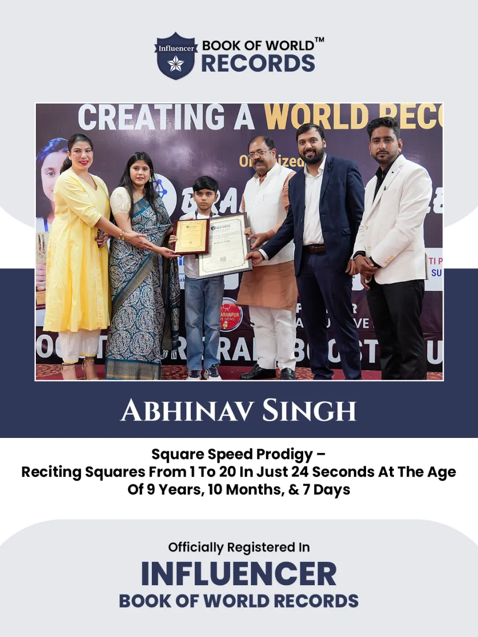 Abhinav Singh — Square Speed Prodigy – Reciting Squares From 1  to 20 In Just 24 Seconds At The Age Of 9 Years, 10  Months, & 7 Days