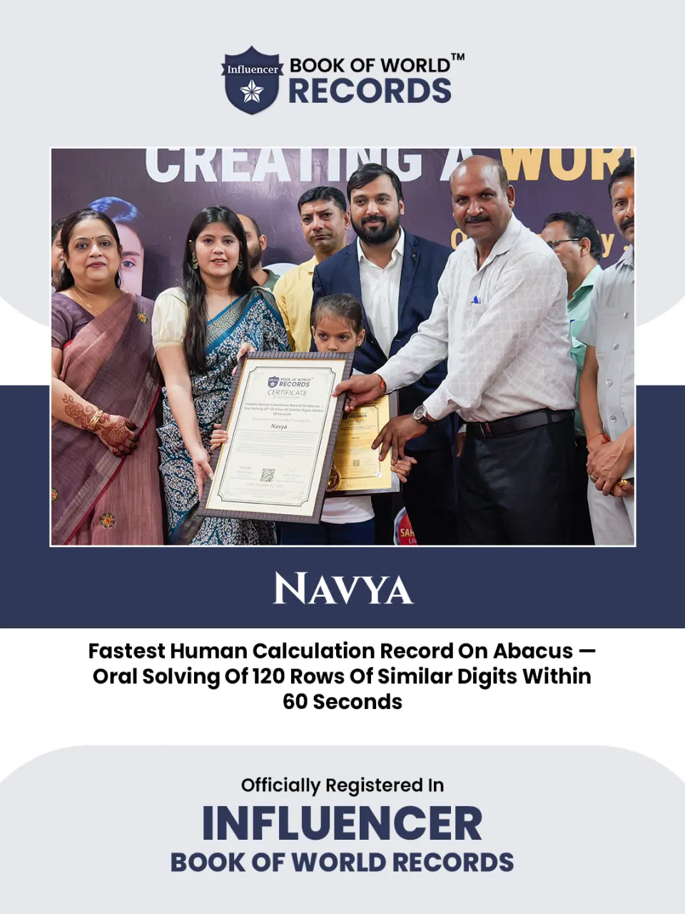 Navya — Fastest Human Calculation Record On Abacus —  Oral Solving Of 120 Rows Of Similar Digits Within  60 Seconds