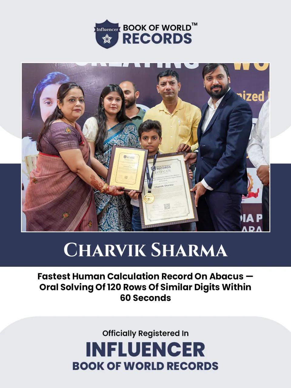 Charvik Sharma — Fastest Human Calculation Record On Abacus —  Oral Solving Of 120 Rows Of Similar Digits Within  60 Seconds