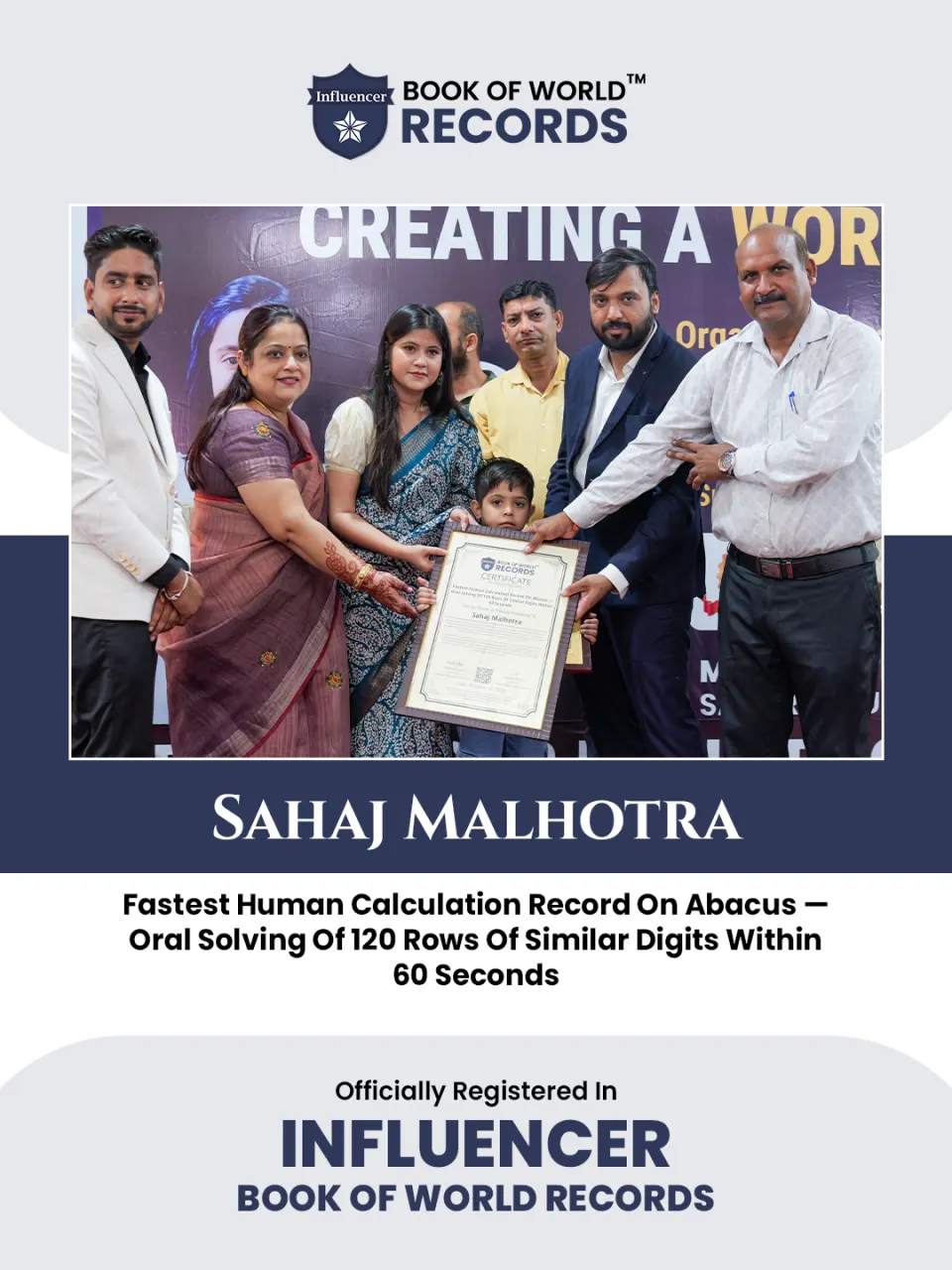 Sahaj Malhotra — Fastest Human Calculation Record On Abacus —  Oral Solving Of 120 Rows Of Similar Digits Within  60 Seconds