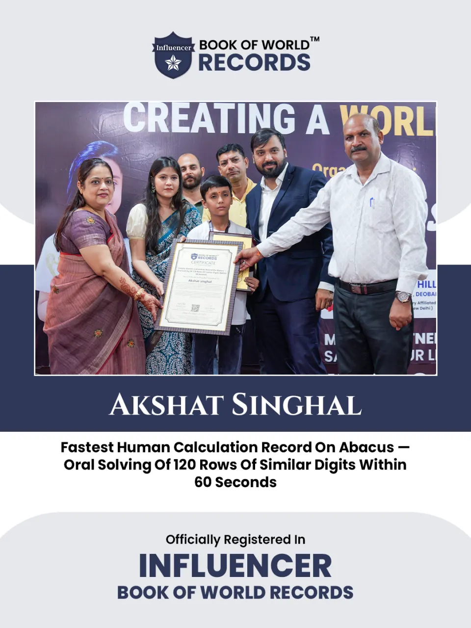 Akshat singhal — Fastest Human Calculation Record On Abacus —  Oral Solving Of 120 Rows Of Similar Digits Within  60 Seconds