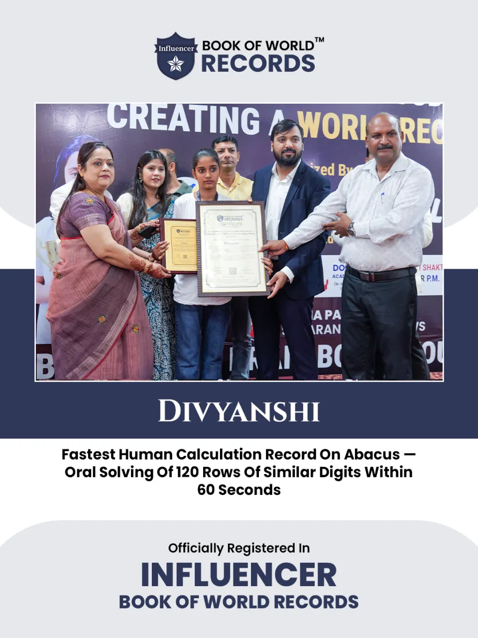 Divyanshi — Fastest Human Calculation Record On Abacus —  Oral Solving Of 120 Rows Of Similar Digits Within  60 Seconds