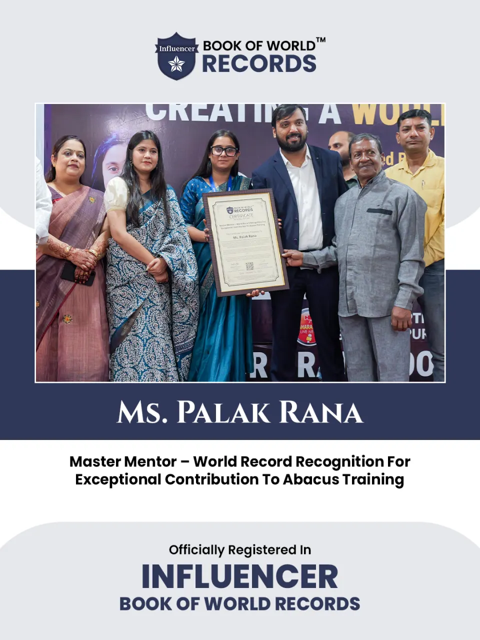 Ms. Palak Rana — Master Mentor – World Record Recognition For  Exceptional Contribution To Abacus Training