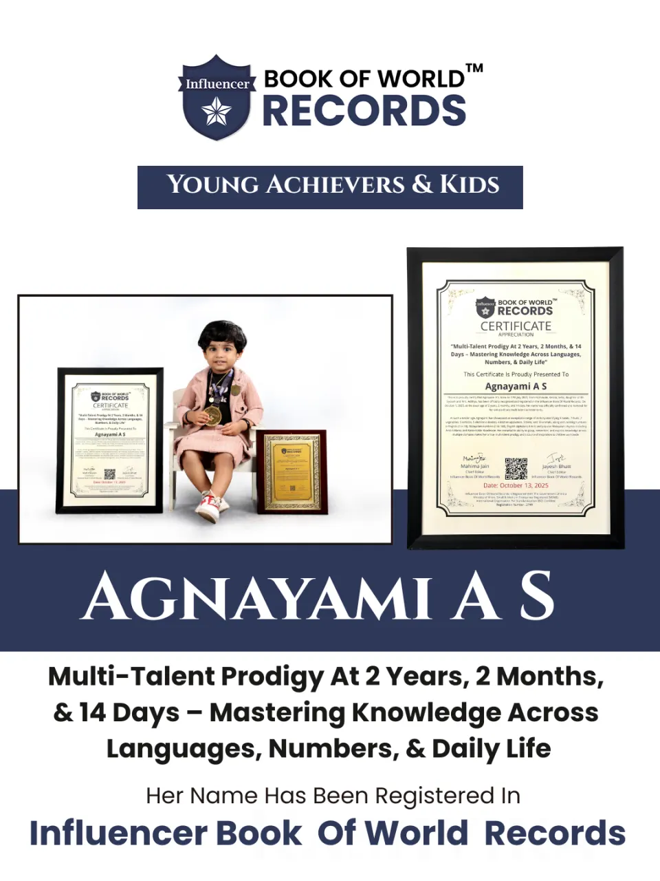 Agnayami A S — “Multi-Talent Prodigy At 2 Years, 2 Months, & 14  Days – Mastering Knowledge Across Languages,  Numbers, & Daily Life”