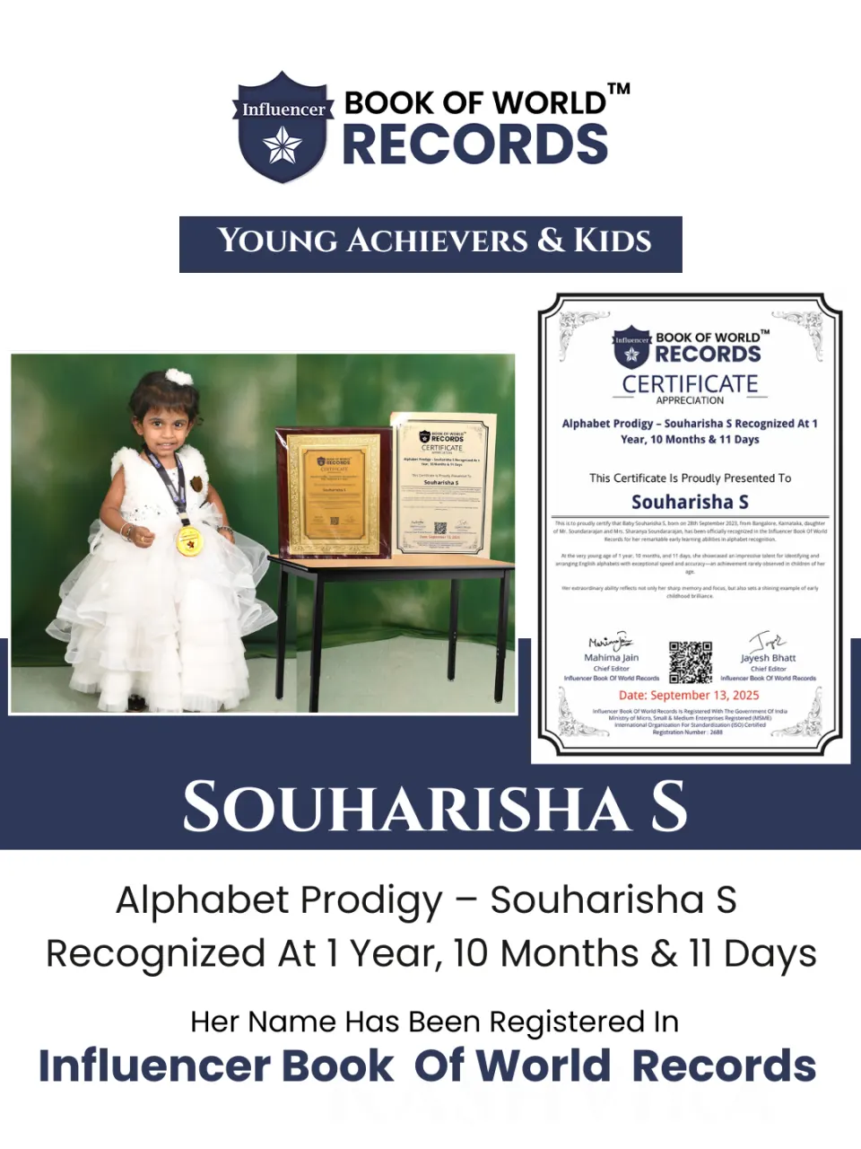 Souharisha S — Alphabet Prodigy – Souharisha S Recognized At 1  Year, 10 Months & 11 Days
