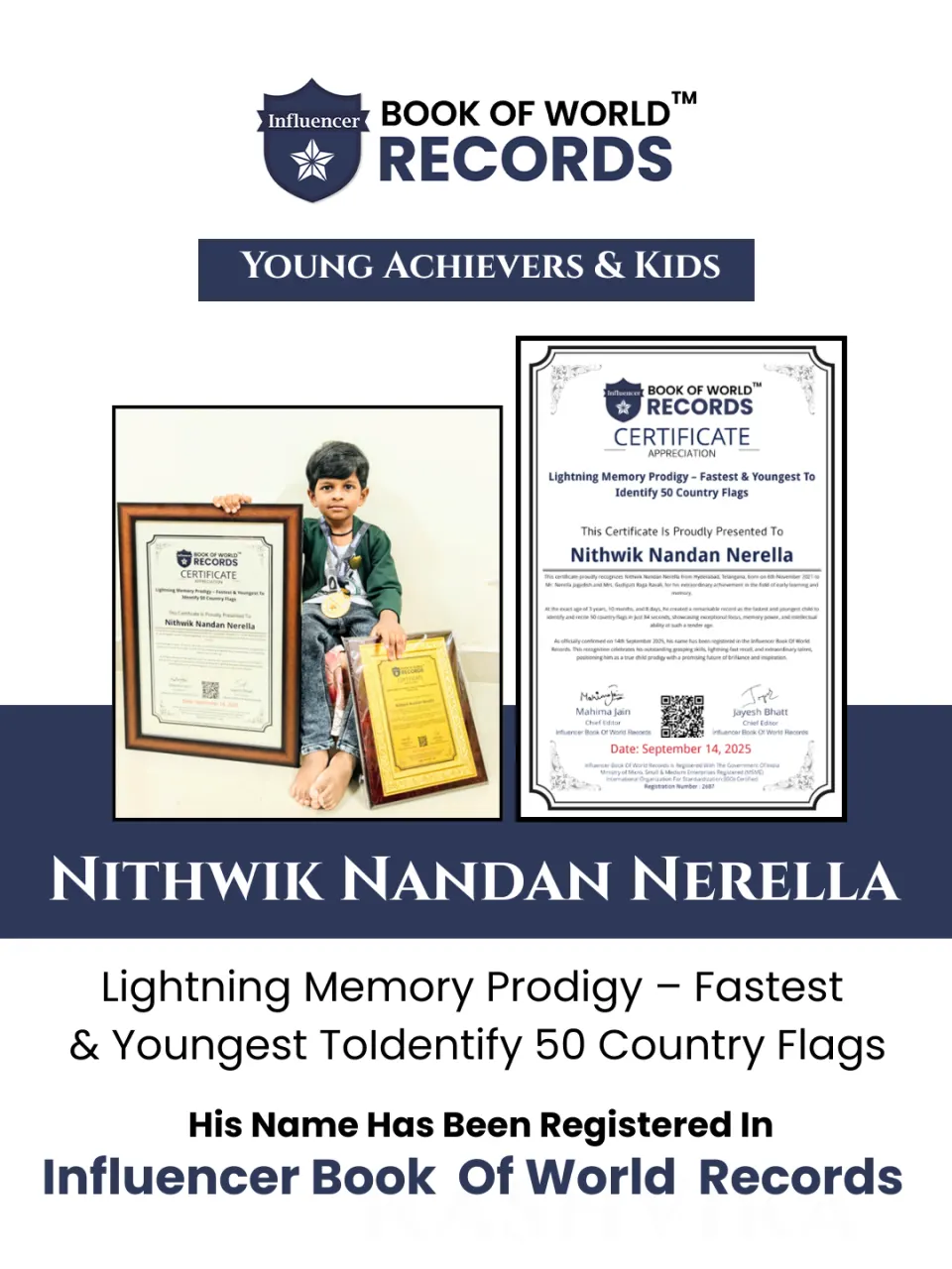 Nithwik Nandan Nerella — Lightning Memory Prodigy – Fastest & Youngest To  Identify 50 Country Flags