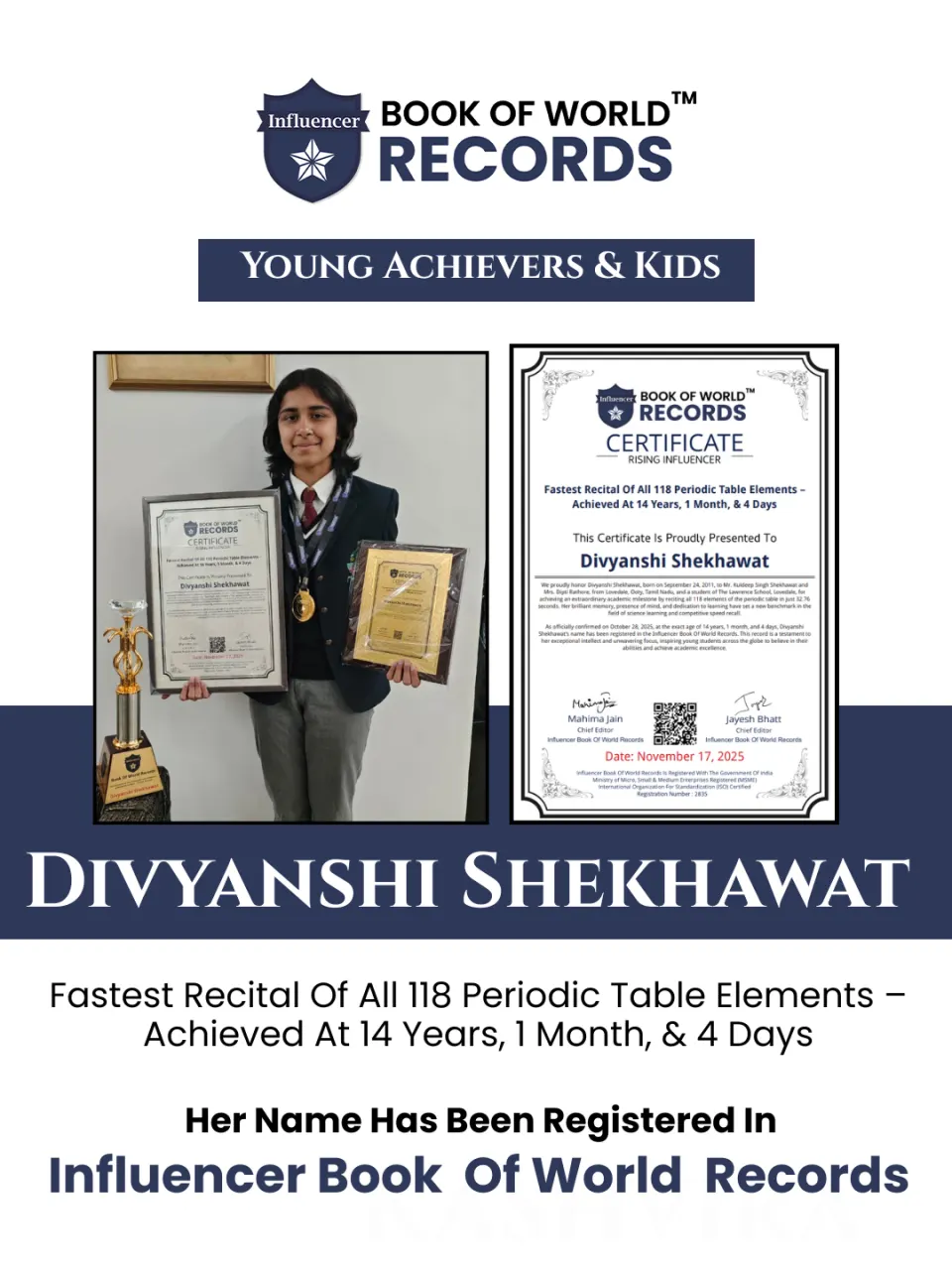 Divyanshi Shekhawat — Fastest Recital Of All 118 Periodic Table Elements –  Achieved At 14 Years, 1 Month, & 4 Days