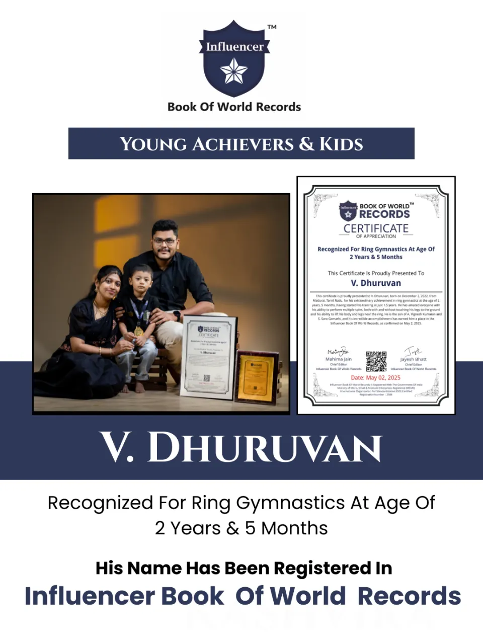 V. Dhuruvan — Recognized For Ring Gymnastics At Age Of  2 Years & 5 Months
