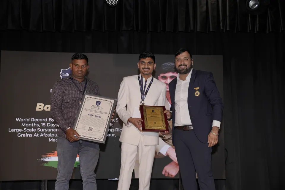 Bablu Dangi — World Record By Bablu Dangi (Age: 21 Years, 5 Months, 15 Days) For Creating A 4 ft × 2 ft Large-Scale Suryanarayan Bhagwan Idol Using Rice Grains At Afzalpur (Surya Nagar), Mandsaur, Madhya Pradesh