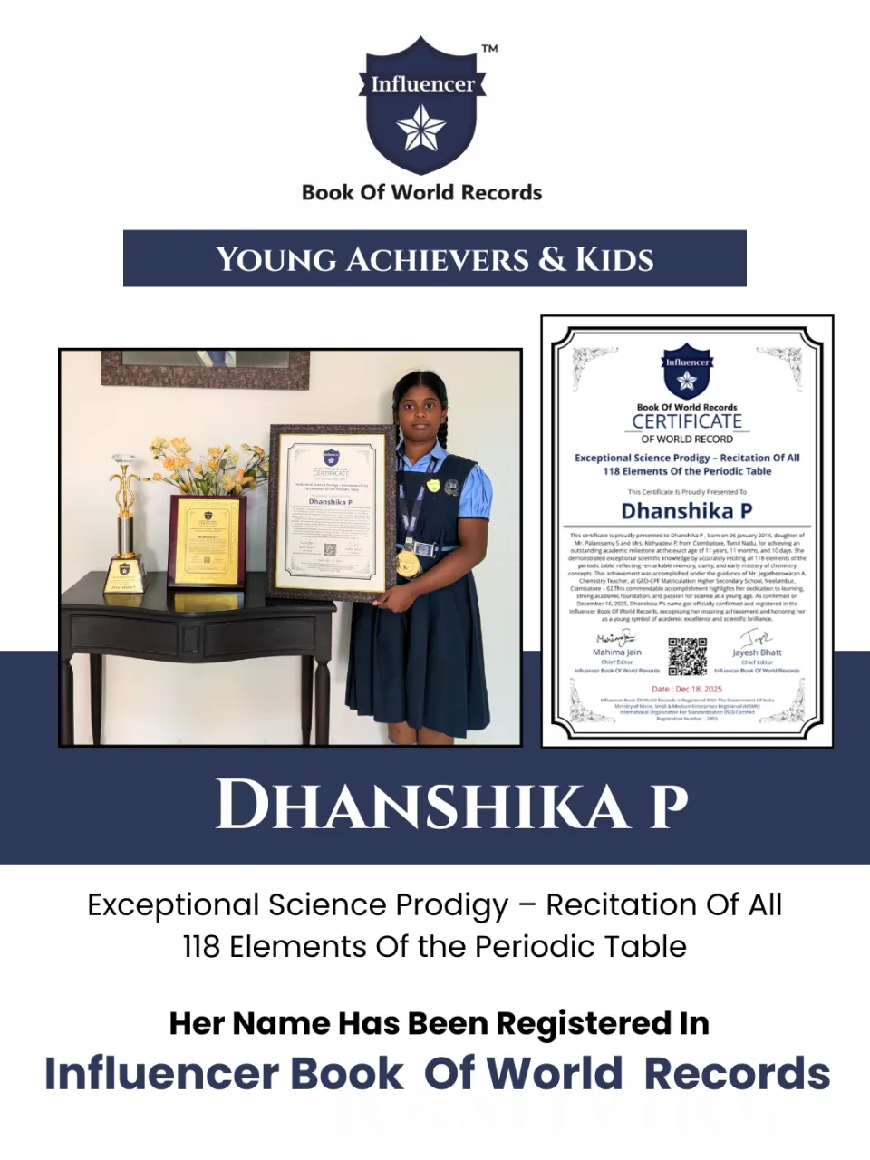 Dhanshika P — Exceptional Science Prodigy – Recitation Of All  118 Elements Of the Periodic Table