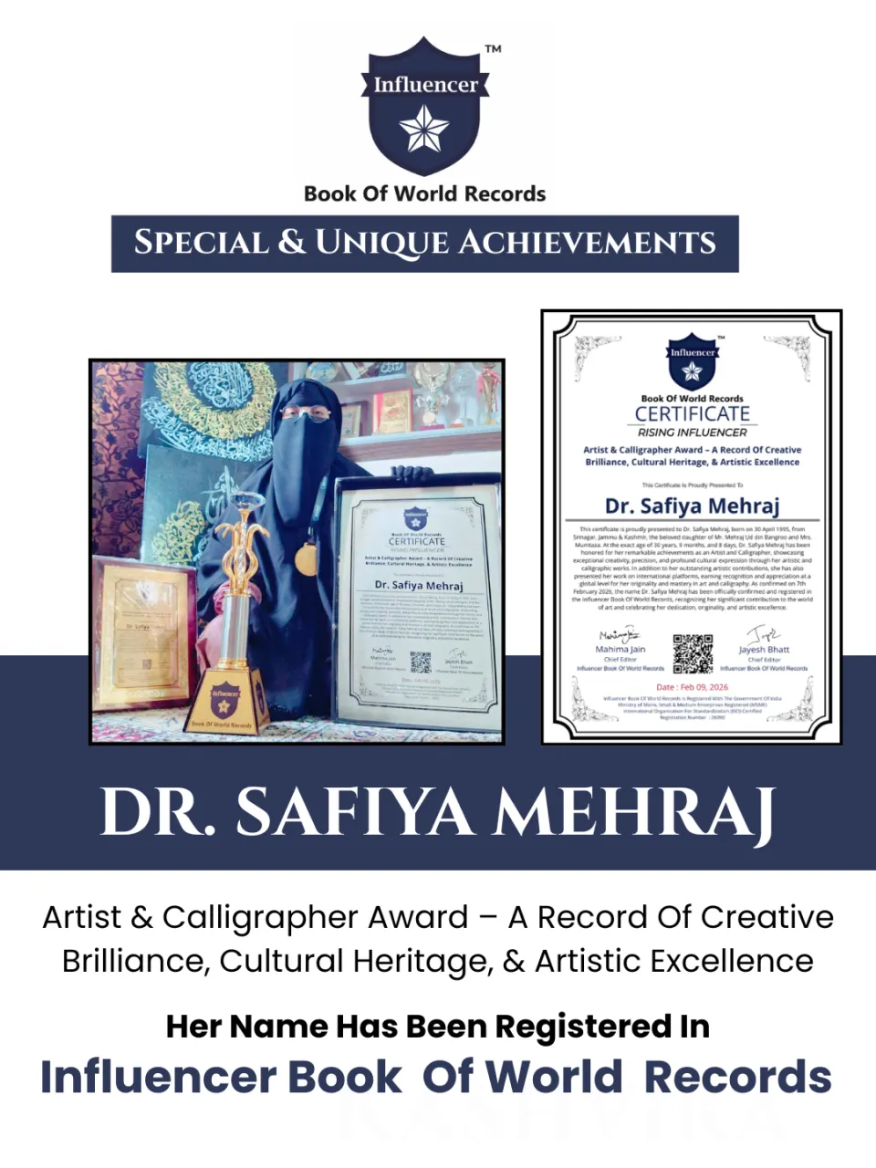 Dr. Safiya Mehraj — Artist & Calligrapher Award – A Record Of Creative Brilliance, Cultural Heritage, & Artistic Excellence