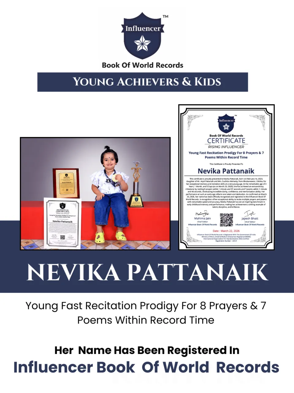 Nevika Pattanaik — Young Fast Recitation Prodigy For 8 Prayers & 7 Poems Within Record Time