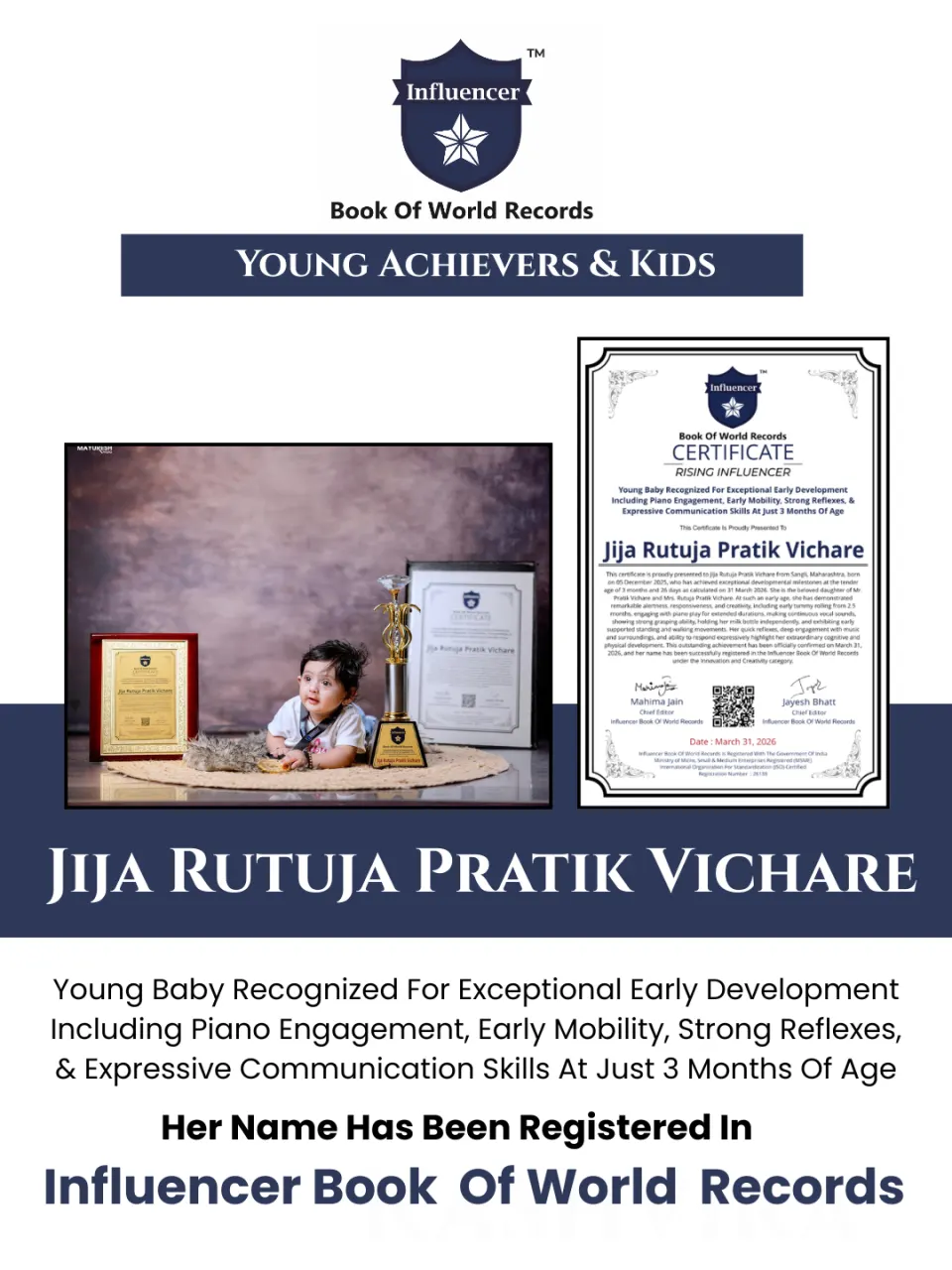 Jija Rutuja Pratik Vichare — Young Baby Recognized For Exceptional Early Development Including Piano Engagement, Early Mobility, Strong Reflexes, & Expressive Communication Skills At Just 3 Months Of Age