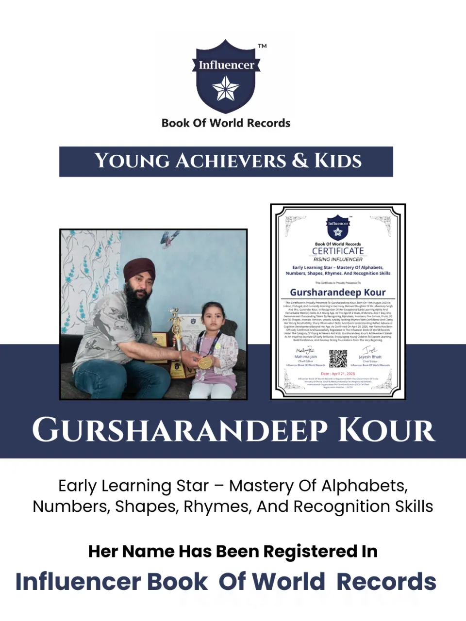 Gursharandeep Kour — Early Learning Star – Mastery Of Alphabets, Numbers, Shapes, Rhymes, And Recognition Skills