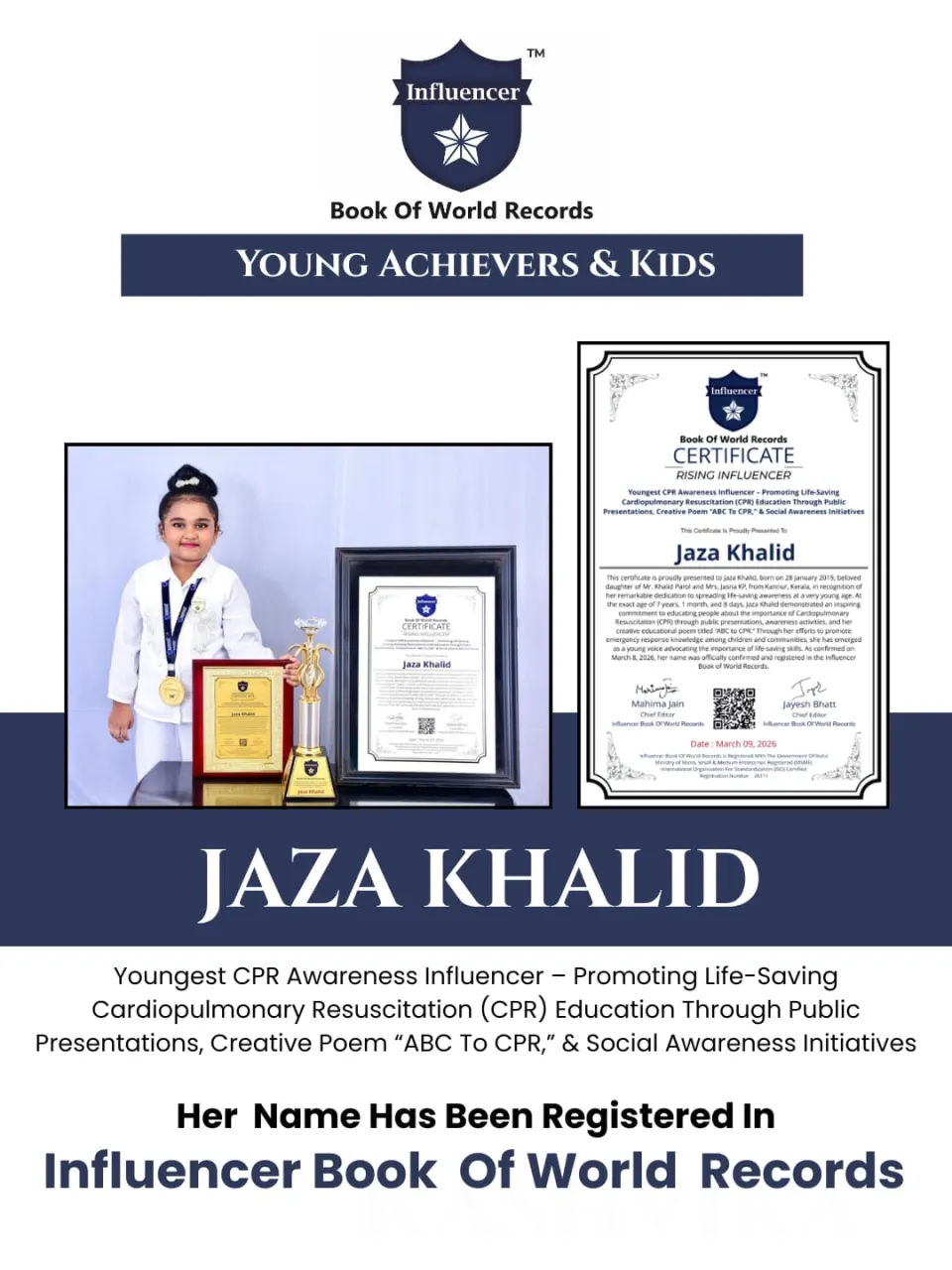 Jaza Khalid — Youngest CPR Awareness Influencer – Promoting Life-Saving Cardiopulmonary Resuscitation (CPR) Education Through Public Presentations, Creative Poem “ABC To CPR,” & Social Awareness Initiatives