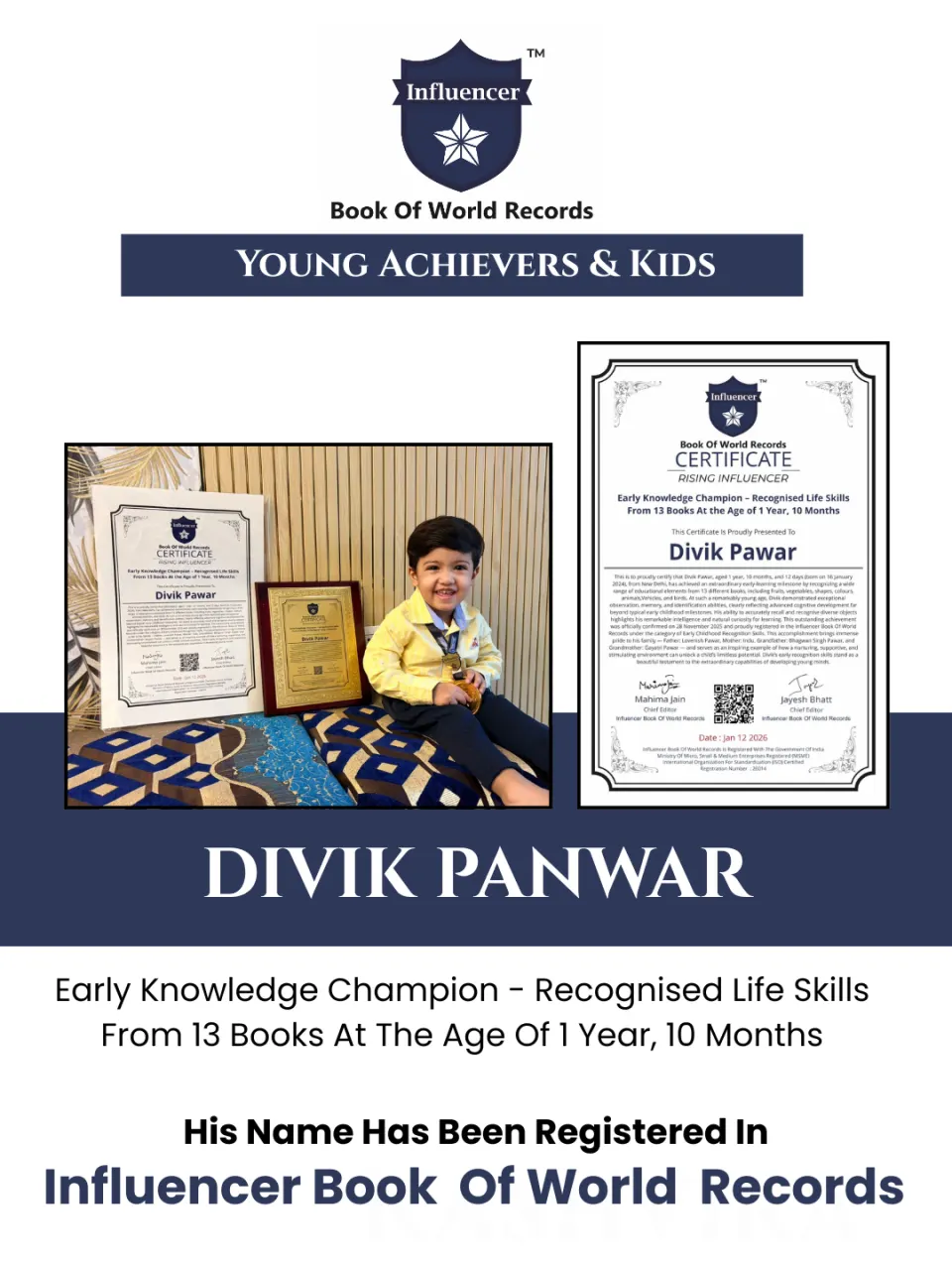 Divik Pawar — Early Knowledge Champion – Recognised Life Skills From 13 Books At the Age of 1 Year, 10 Months
