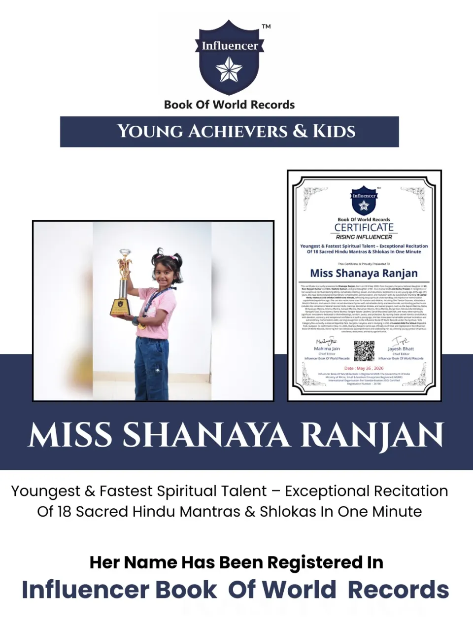 Shanaya Ranjan — Youngest & Fastest Spiritual Talent – Exceptional Recitation Of 18 Sacred Hindu Mantras & Shlokas In One Minute