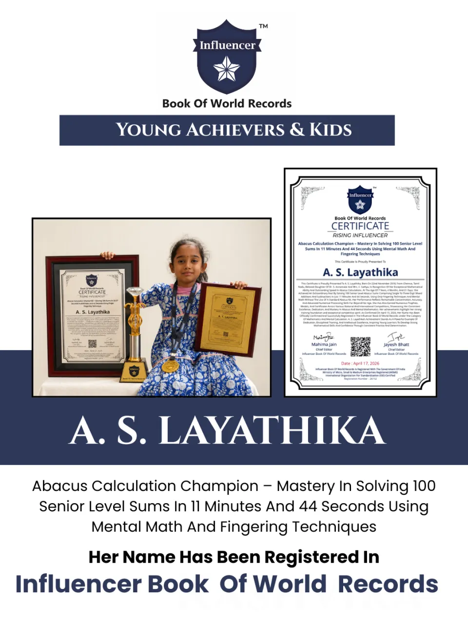 A. S. Layathika — Abacus Calculation Champion – Mastery In Solving 100 Senior Level Sums In 11 Minutes And 44 Seconds Using Mental Math And  Fingering Techniques