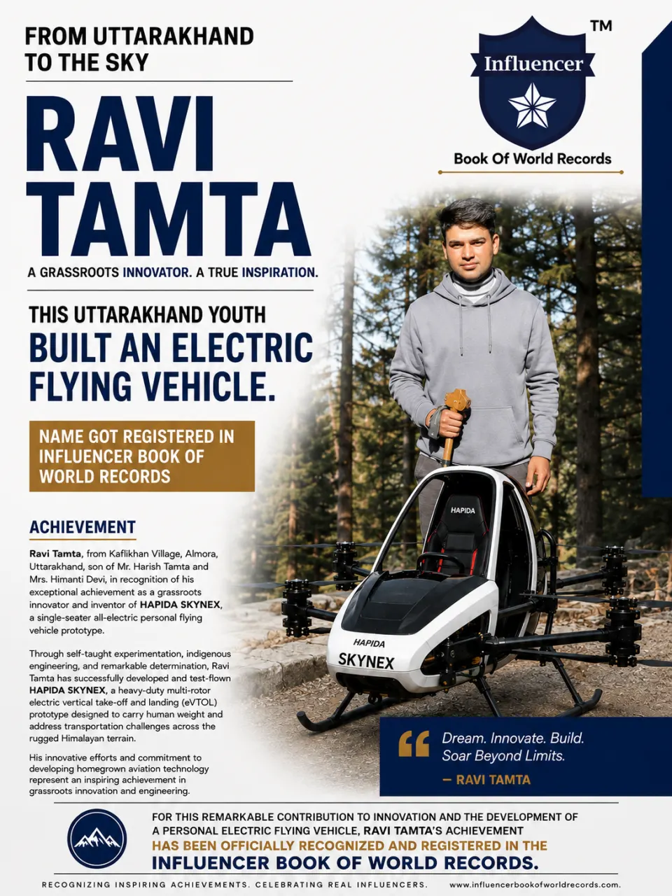 Ravi Tamta — Grassroots Innovation In Electric Personal Flying Vehicle Technology – Developing And Test-Flying Hapida Skynex