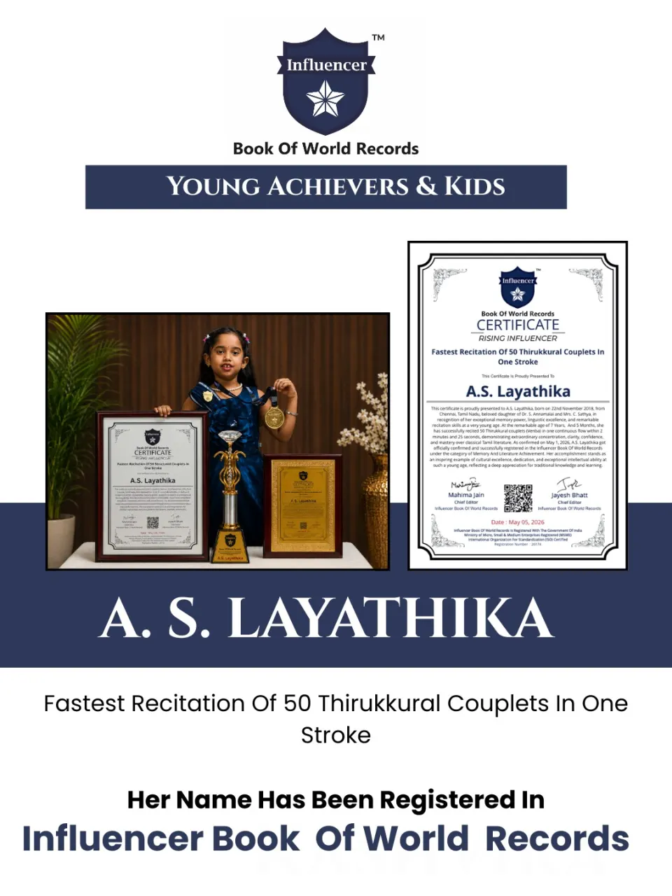 A.S. Layathika — Fastest Recitation Of 50 Thirukkural Couplets In  One Stroke