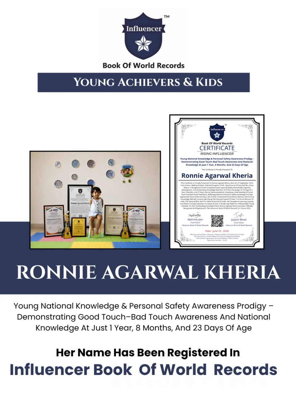 Ronnie Agarwal Kheria — Young National Knowledge & Personal Safety Awareness Prodigy – Demonstrating Good Touch–Bad Touch Awareness And National Knowledge At Just 1 Year, 8 Months, And 23 Days Of Age