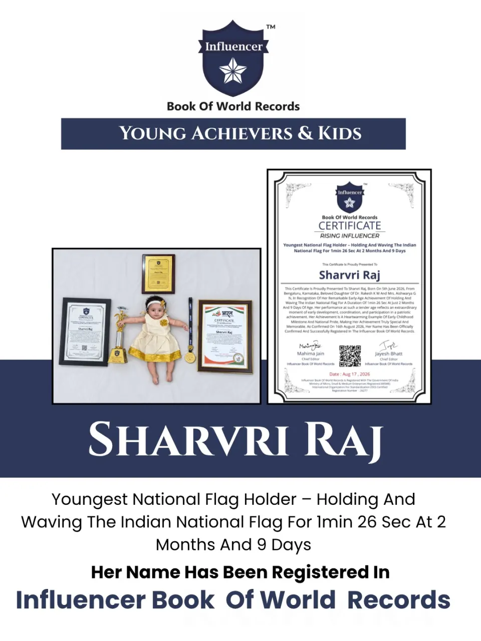 Sharvri Raj — Youngest National Flag Holder – Holding And Waving The Indian  National Flag For 1min 26 Sec At 2 Months And 9 Days