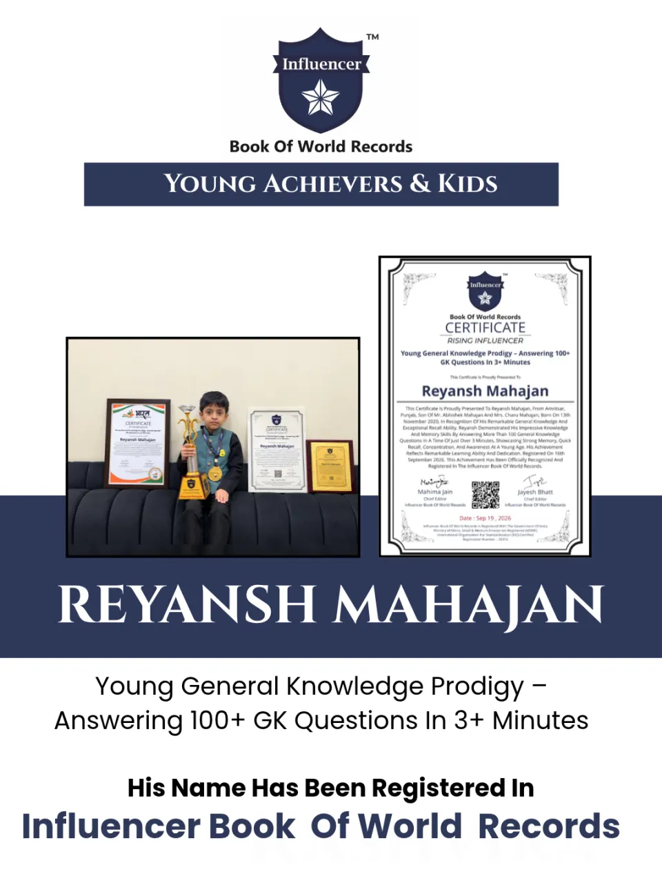 Reyansh Mahajan — Young General Knowledge Prodigy – Answering 100+  GK Questions In 3+ Minutes